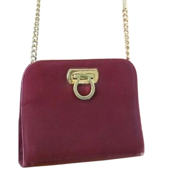 SALVATORE FERRAGAMO Gancini Shoulder Bag Chain Mini Leather Red EUC